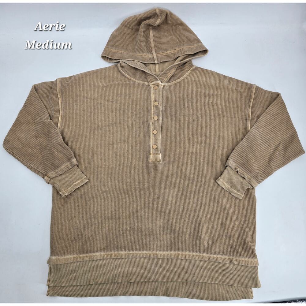 Aerie Oversized Thermal Hoodie Medium Beige Waffle Knit Henley Pullover Lounge M